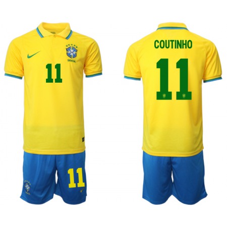 Men's Brazil #11 Coutinho Yellow Home Soccer Jersey Suit