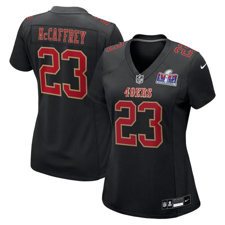 Women's San Francisco 49ers #23 Christian McCaffrey Nike Black Super Bowl LVIII Carbon Fashion Game Player Jersey